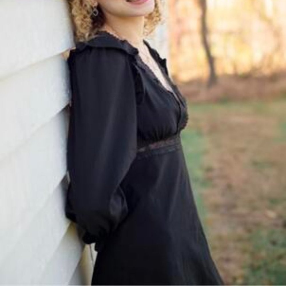 Black Plunging Neckline Lace Ruffle Sleeve Mini Dress - Picture 4 of 13